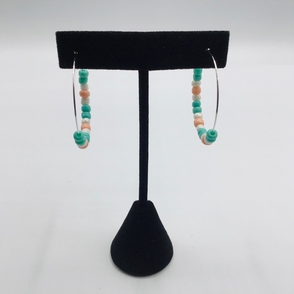 EARRINGS Hoop Boho Beaded Pastel Pink Teal Blue Pearly White Silver Tone Colors - Picture 4 of 9